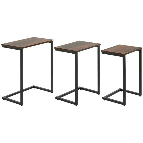 Set of 3 nesting side tables with dark brown square tops and black steel frames