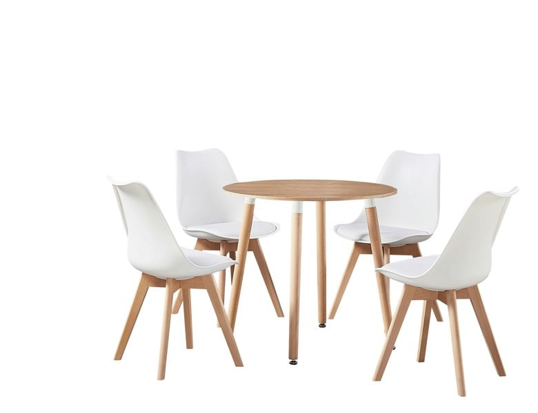 Life Interiors 5PCs Dining Set - an Oak Round Dining Table & Set of 4 White Lorenzo Tulip chairs with Padded Seat