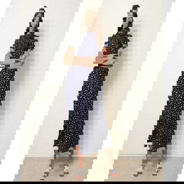 Blue Vanilla Polka Dot Shirred Frill Neck Midi Dress