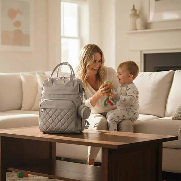 Anysort Grey Mommy Diaper Bag With Changing Pad Maternity Backpack for Moms