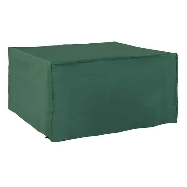 Rectangular patio furniture cover, waterproof green fabric with stitched seams and corner tie points.