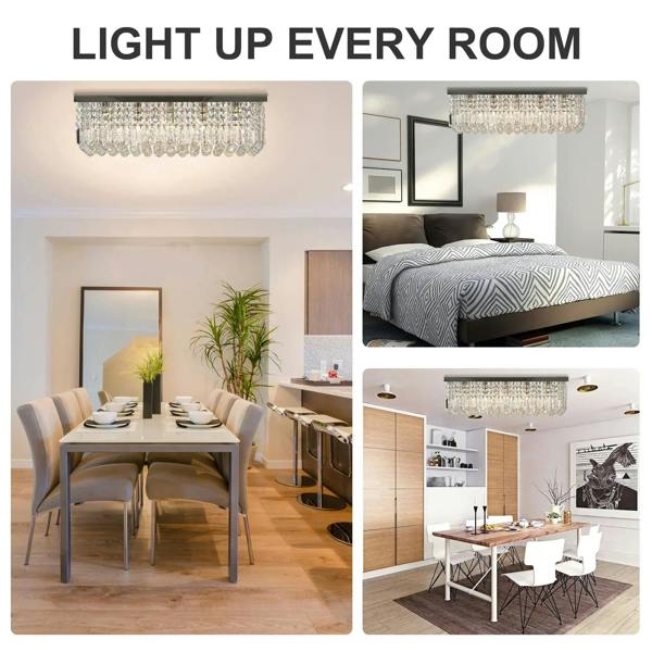 Square ceiling chandelier with silver bar canopy and glowing clear crystal strands