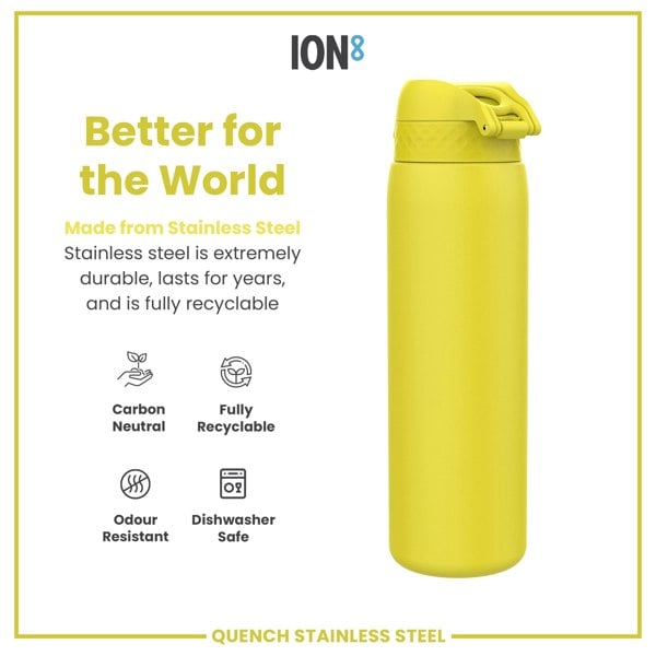 A yellow stainless steel water bottle sits against a white background. It is shown alongside text that highlights its durability, recyclability, and other features. The text includes the brand name ION8 and the product name QUENCH STAINLESS STEEL.