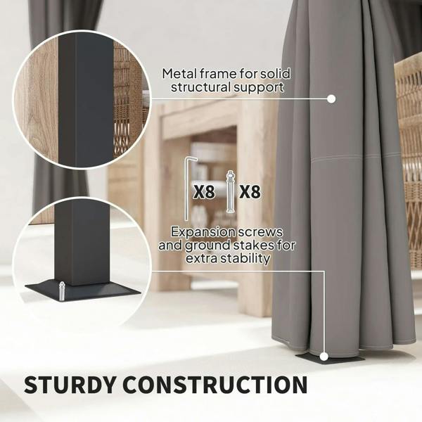 Grey curtain metal frame with expansion screws and ground stakes for stability