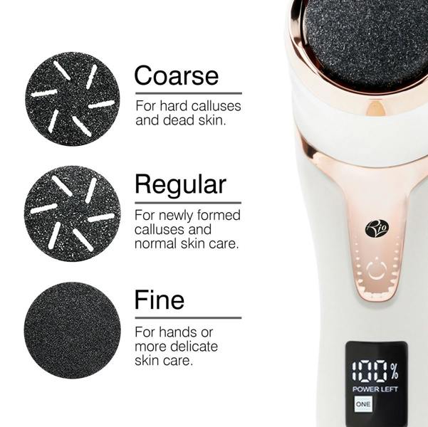 The Rio Go Smooth Electric Foot File Hard Skin Remover with Vacuum Action includes three roller heads—coarse, regular, and fine—for all skin types. Its digital display and vacuum make it perfect for removing dry, rough skin.