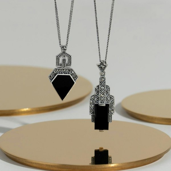 Gemondo Art Deco Style Irregular Cut Onyx and Marcasite Pendant in 925 Sterling Silver