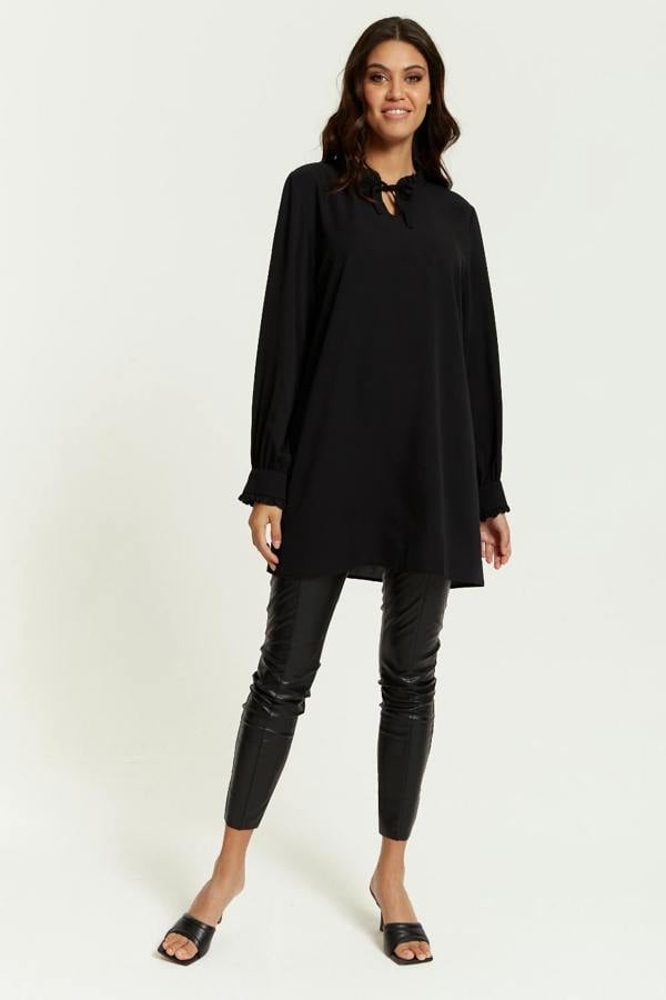 Hoxton Gal Oversized Tunic with Ruffle Neck Detailed in Black