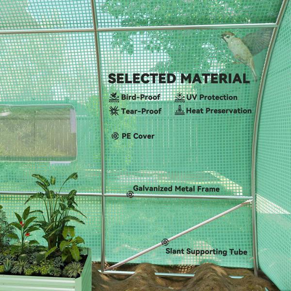Green mesh greenhouse wall with galvanized metal frame, showing tie-in support tube