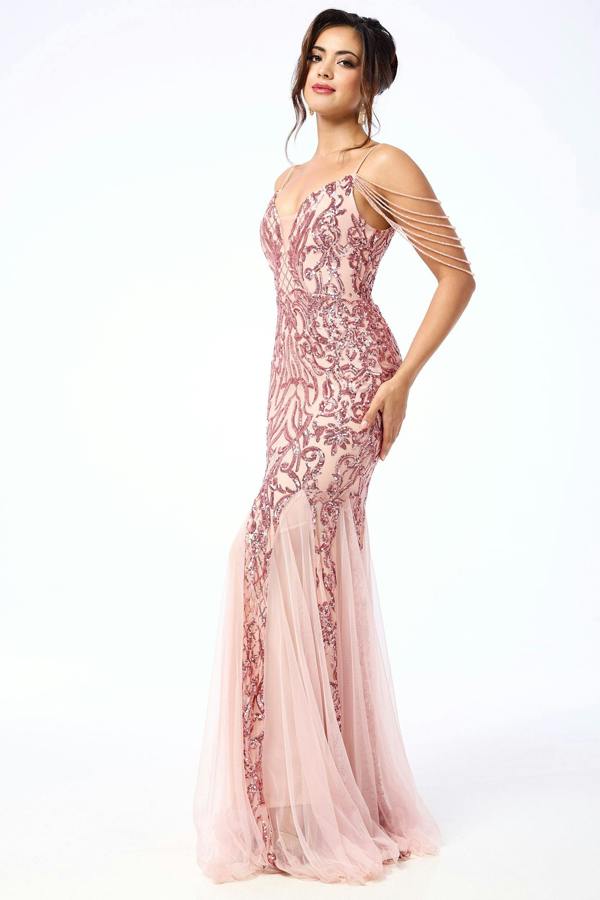 LuvForever Enora - Pink Jewelled Shoulder Sequin Maxi Dress