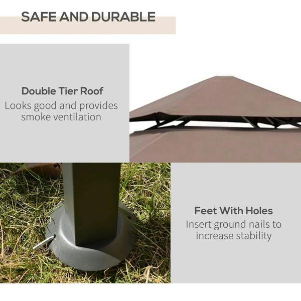 Double-tier roof gazebo canopy with brown fabric top and leg feet with mounting holes