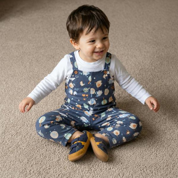 Mini Cuddles Baby Boys farm theme Dungaree Set, White & Blue