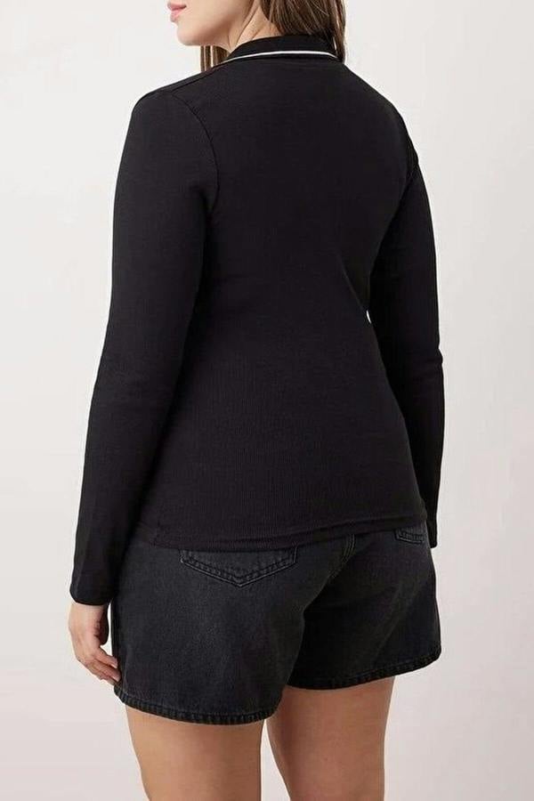 WOVCOR Knitted Collar Detail Fitted Ribbed Stretch Knit Blouse