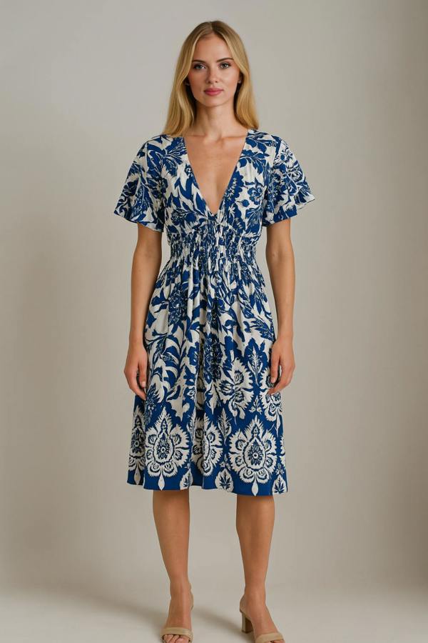 Hoxton Gal Oversized Floral V-Neck Boho Style Smocked Mini Dress