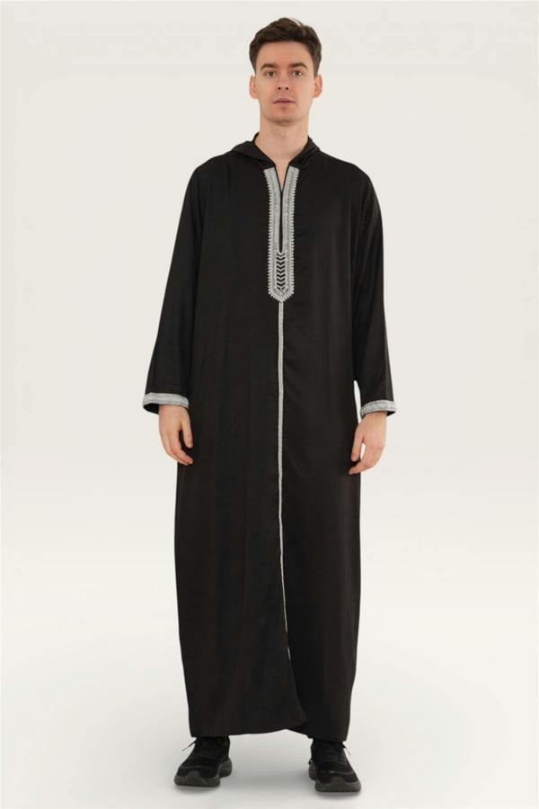 Infinity Leather Men's Hooded Moroccan Embroidery Djellaba Islamic Jubba Robe Eid Ramadan Thobe