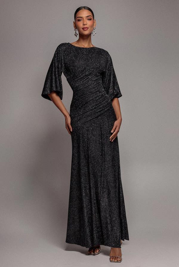 Lurex Kimono Sleeve Gathered Waist Maxi Dress - Black DR5196