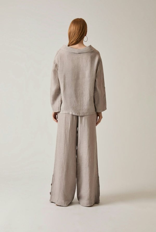 Taupe linen top with draped cowl neckline