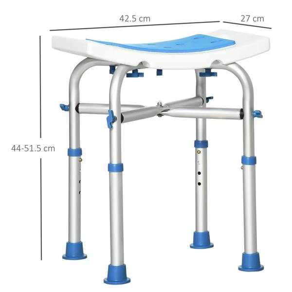 Blue padded shower/bath stool with white support bar and adjustable legs