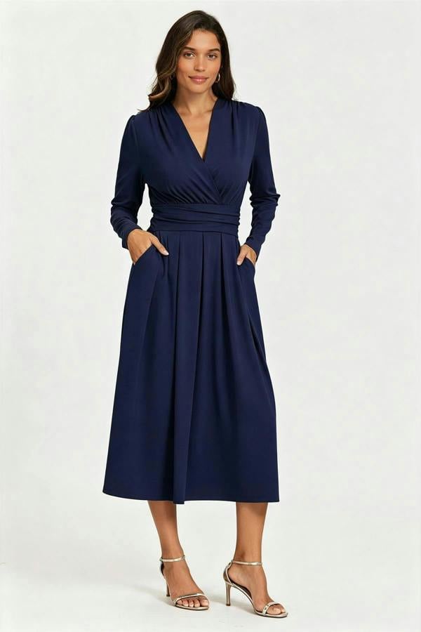 FS Collection Jersey Long Sleeve Midi Dress In Navy