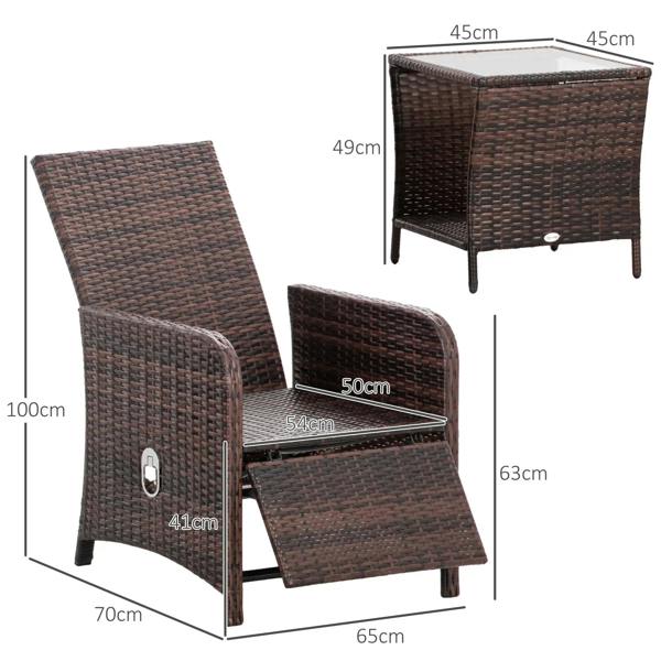 Rattan chair set with glass-top table, cream cushions, shown with size measurements