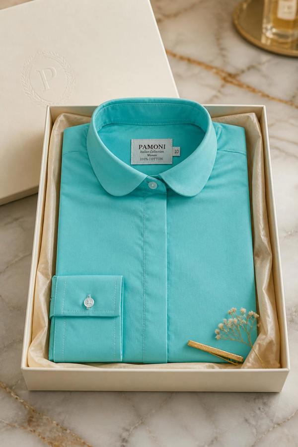 Pamoni Women's Fitted Aqua Cotton Shirt