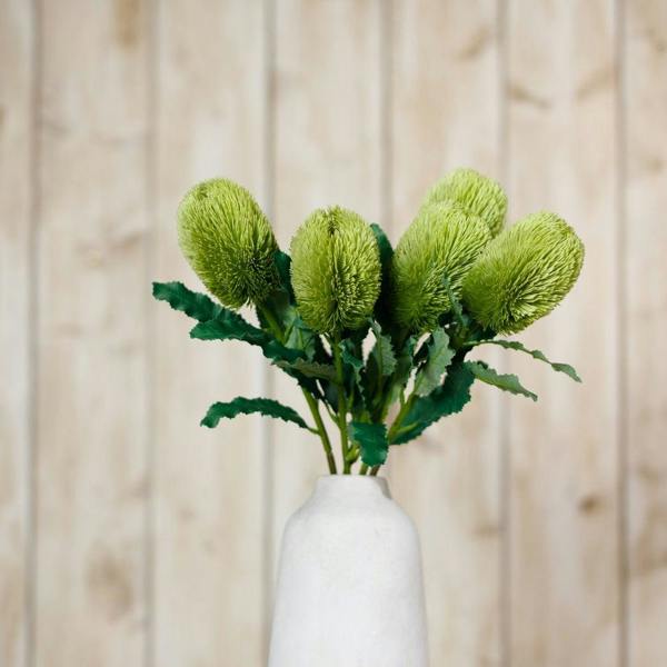 Wyld Haus Set of 3 Artificial Flowers Large Green Banksia Serrata Stems
