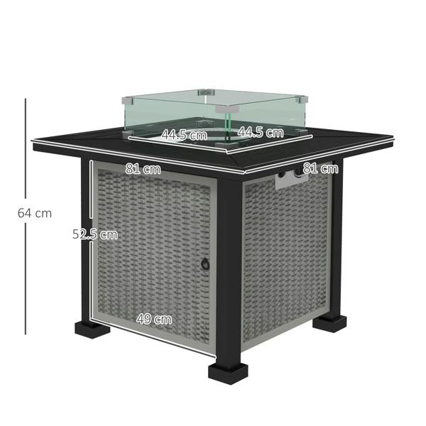 Grey gas fire pit table with clear glass top and woven side panels, dimensions view