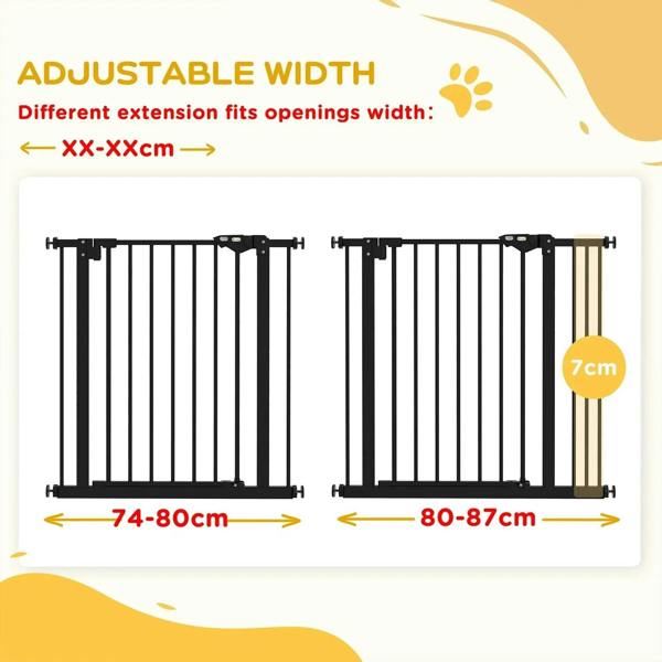 Black adjustable safety gate showing width adjustments with extension compatibility