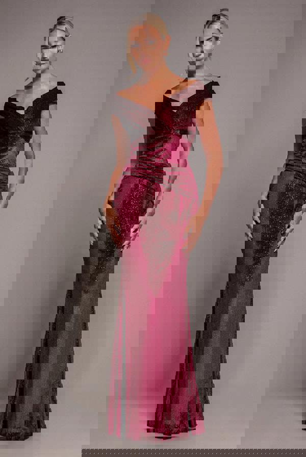 Shimmer Velvet Bardot Maxi Dress - Wine DR4643
