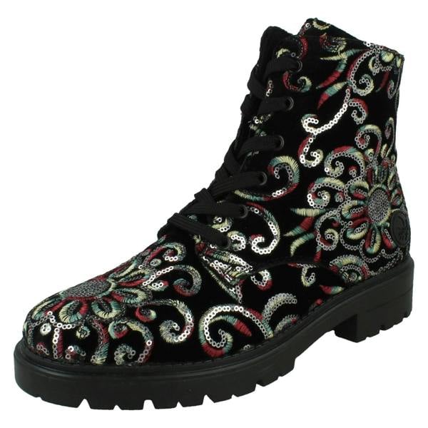 Rieker Ladies Rieker Floral Stitch and Sequin Design Combat Boots Z2841