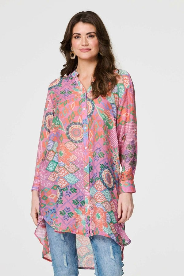 Pink | Printed Semi Sheer Longline Blouse