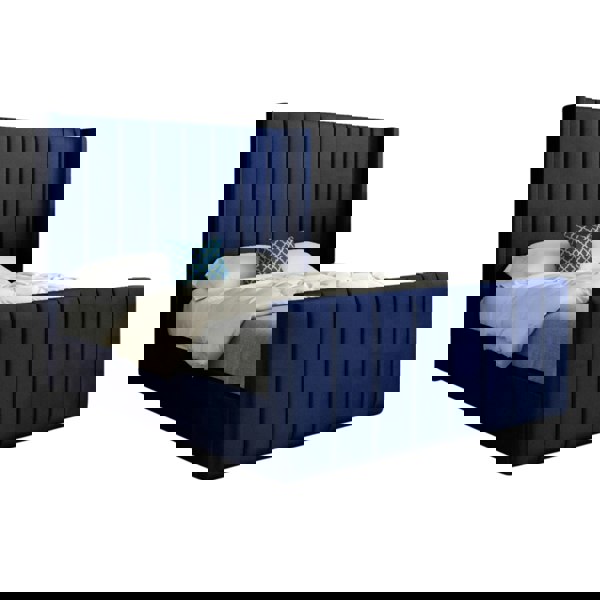 Casa Magna Romano Straight Winged Upholstered Soft Velvet Bed Frame - Blue