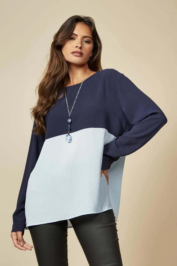 Hoxton Gal Colour Block Blouse in Navy and Blue