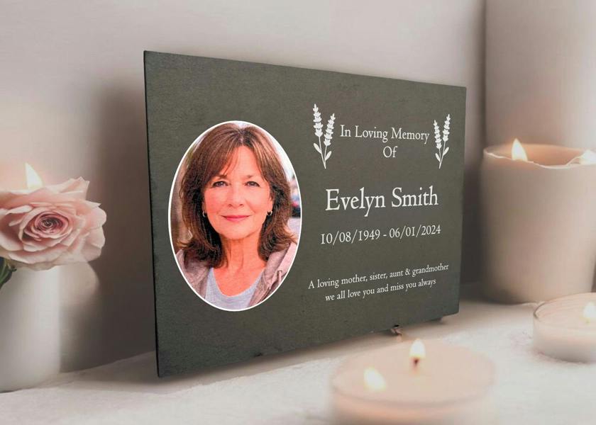 Memorials Direct Photo Slate Memorial Plaque,  Lavender, Add a Portrait & Personalised Text | 35×25cm (14×10”)