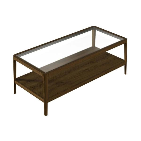Wyld Haus Denver Walnut Wood and Glass Top Coffee Table with Bottom Shelf