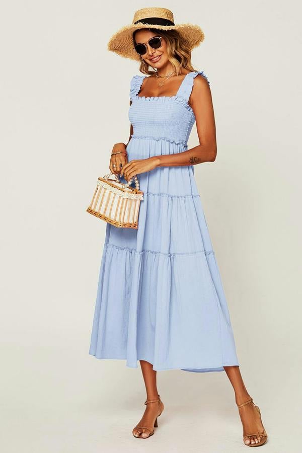 FS Collection Hem Detail Tiered Maxi Dress In Light Blue