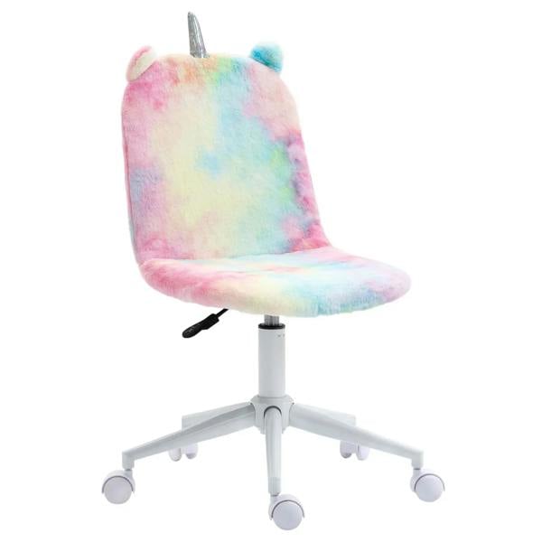 Rainbow unicorn mid-back office chair with fluffy seat, swivel base and wheels