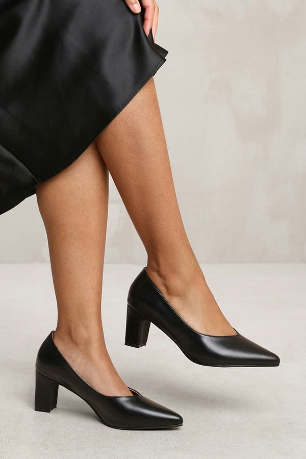 Where's That From Serena Block Heel With Pointed Toe in Black Faux Leather