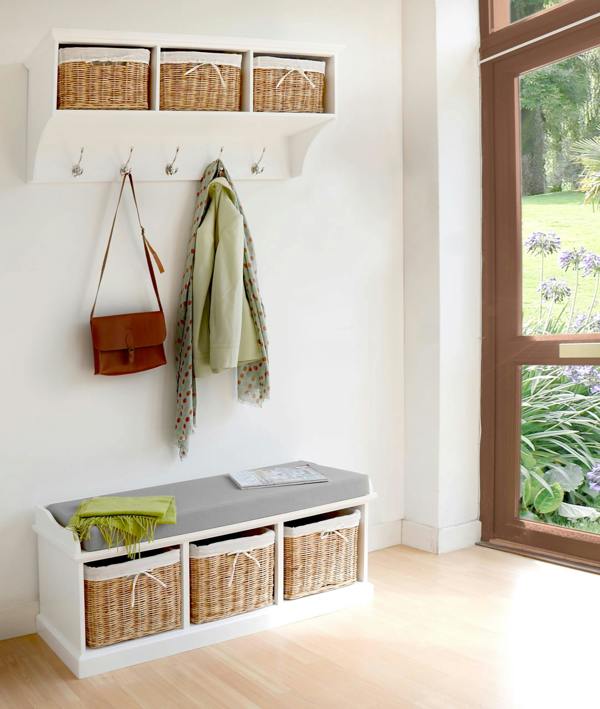 Statement Furniture Tetbury White Storage Bench with Natural Wicker Baskets and Grey Cushion
