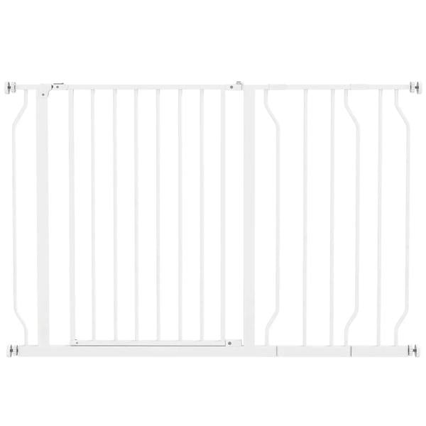 White metal dog safety gate with vertical bars and pressure-mount brackets