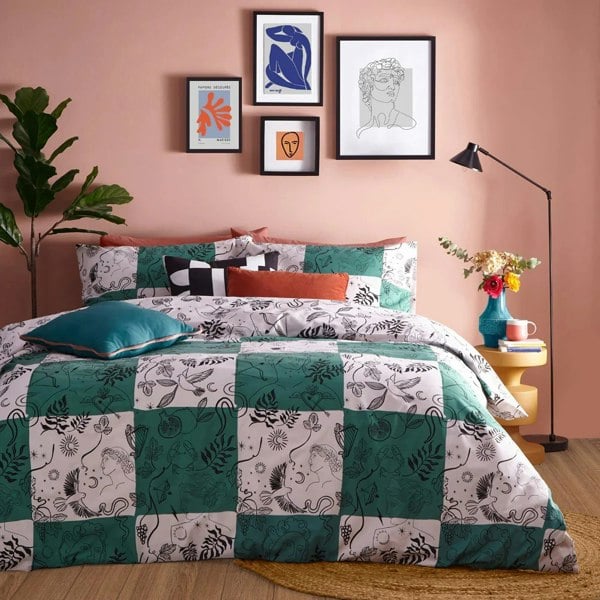 Furn Mythos Reversible Checkerboard Duvet Cover Set - Green/Natural