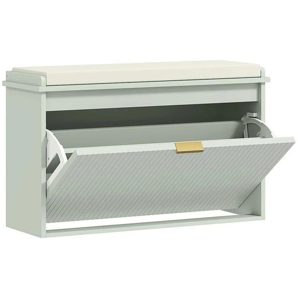 Green shoe bench with lift-up top seat; open interior for shoes storage.