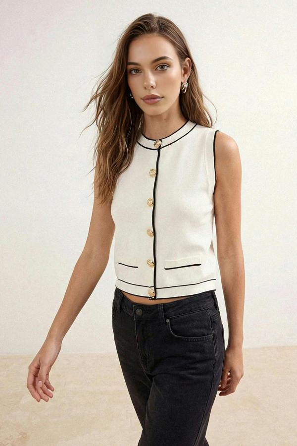 WOVCOR Crew Neck Color Block Knit Thin Blouse