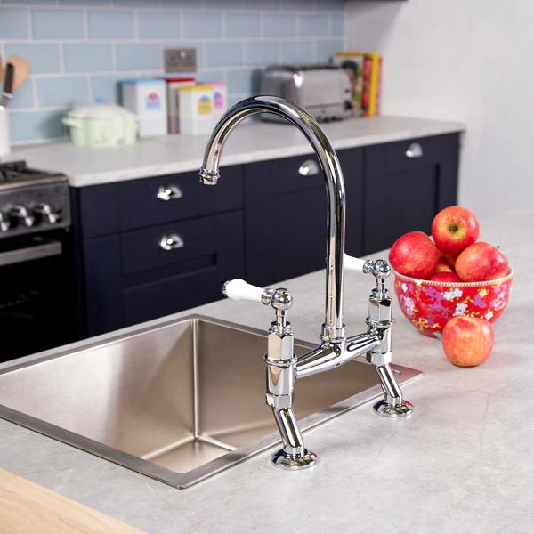 Flode Larvik | Kitchen Dual Lever Bridge Mixer Tap | Polished Chrome Finish