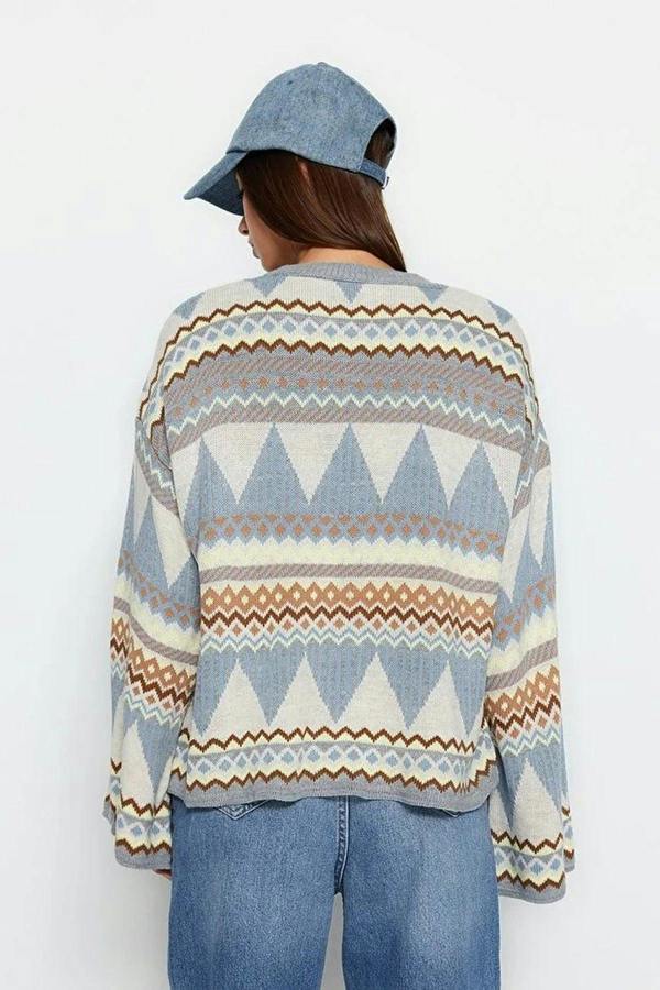 WOVCOR Ethnic Patterned Crew Neck Knit Sweater