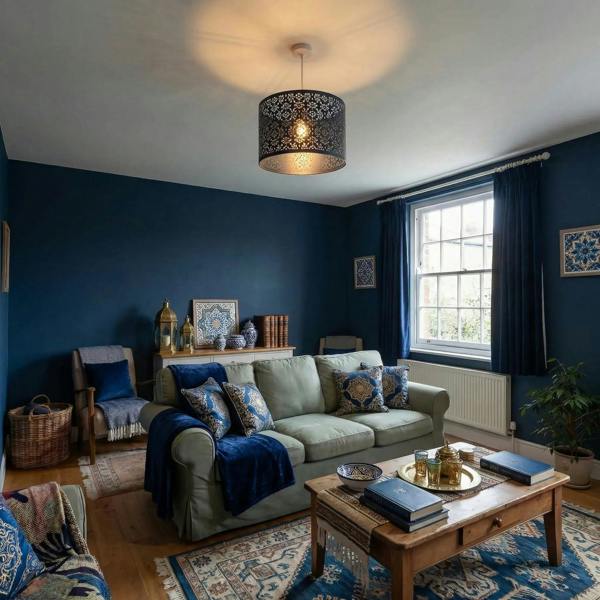 Midnight Blue Moroccan Metal Pendant Lamp Shade with Floral Decoration Image 6
