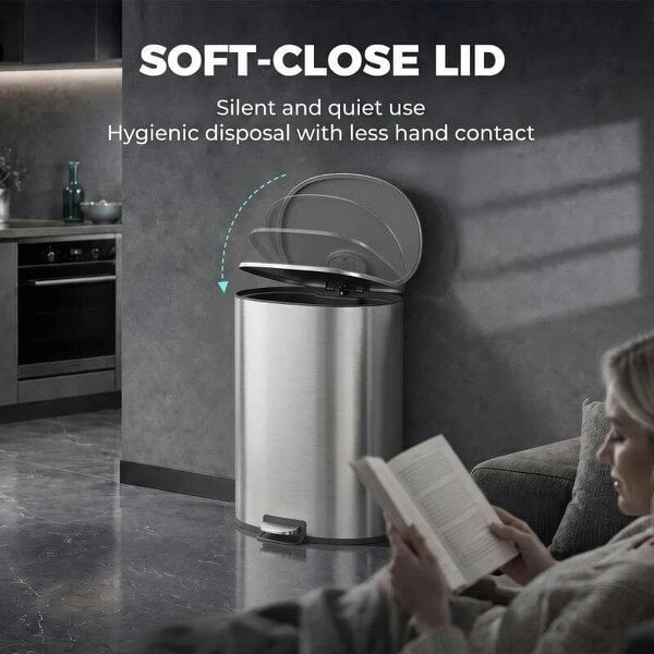 50L Kitchen Pedal Bin, Rubbish Bin with Soft-Close and Stay-Open Lid, Removable Inner Bucket, Silver Tone