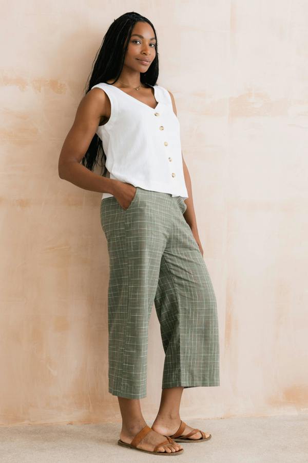 Lily & Me Greta Checked Cotton Cropped Trousers Green