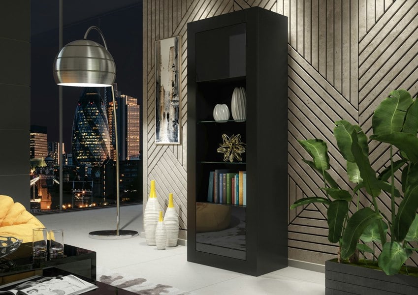 Mex Furniture Modern Display Cabinet 170cm – Black Body & Black Gloss Doors