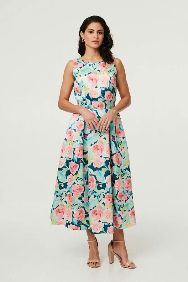 Blue | Floral Sleeveless Pleat Front Midi Dress