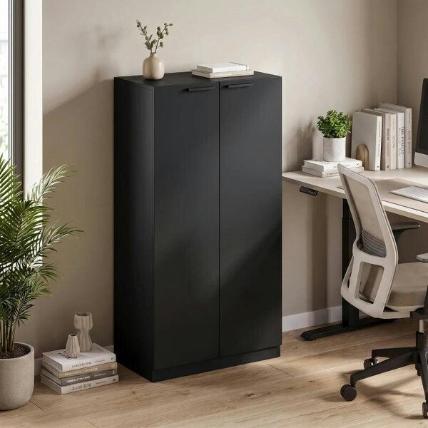 120 cm Tall Storage Cabinet Cupboard, 3-Tier File Organiser Wooden Filing Cabinet, Black - Black